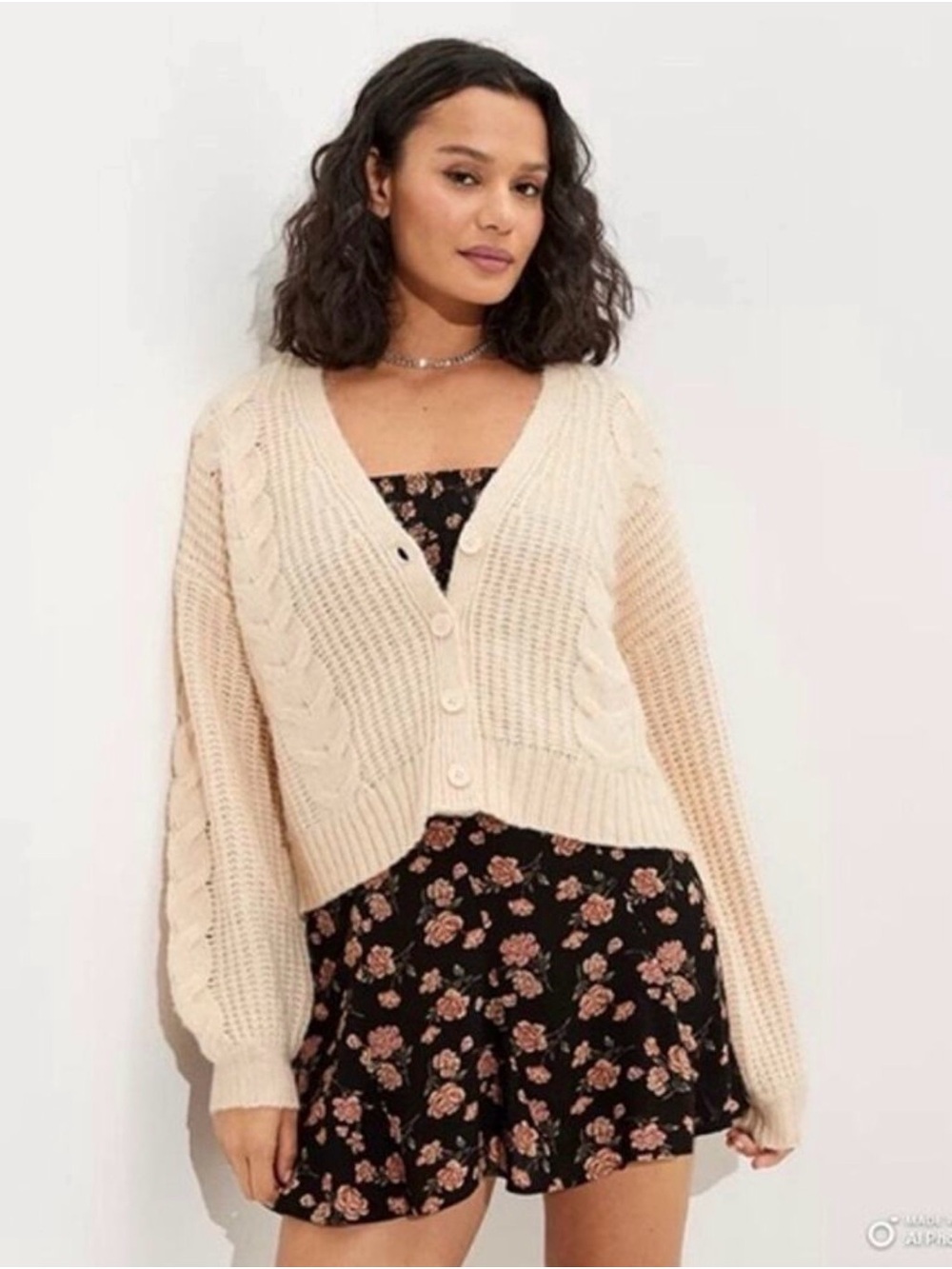American Eagle Outfitters Cream Cable-Knit V-Neck Button Cardigan
